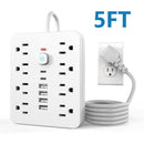 Regleta de 14 en 1, 8 tomacorrientes, 4 puertos USB, 2 puertos USB-C, cable de extensión de 152.4/304.8 cm, enchufe plano, montaje en pared, protección contra sobrecargas, supresor de picos, ideal para carga en el hogar y oficina