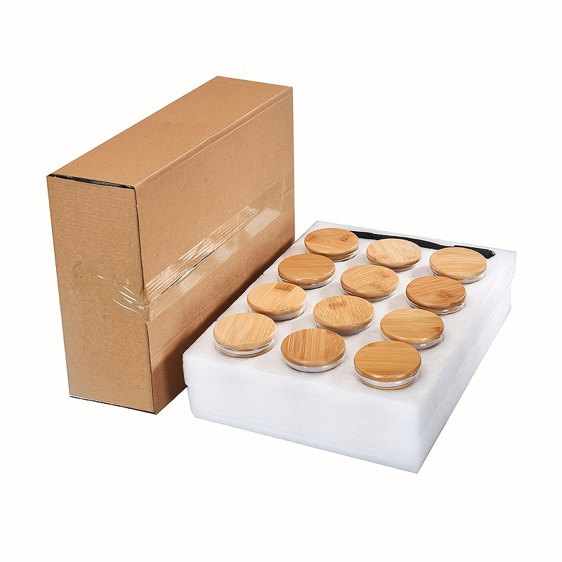 Juego de 12 Piezas, Tarro Redondo Transparente de Vidrio Borosilicato con Tapa de Bambú y Cierre Hermético para Almacenar Snacks o Té