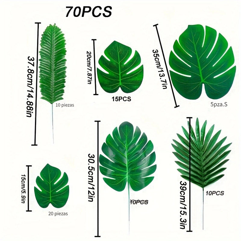 70 piezas de decoración para fiestas hawaianas con plantas verdes artificiales, hojas de palma tropicales falsas en 6 tamaños con tallos, ideales para decoración de primavera y verano al aire libre, Día de San Patricio, Pascua, fiestas con temática de ju