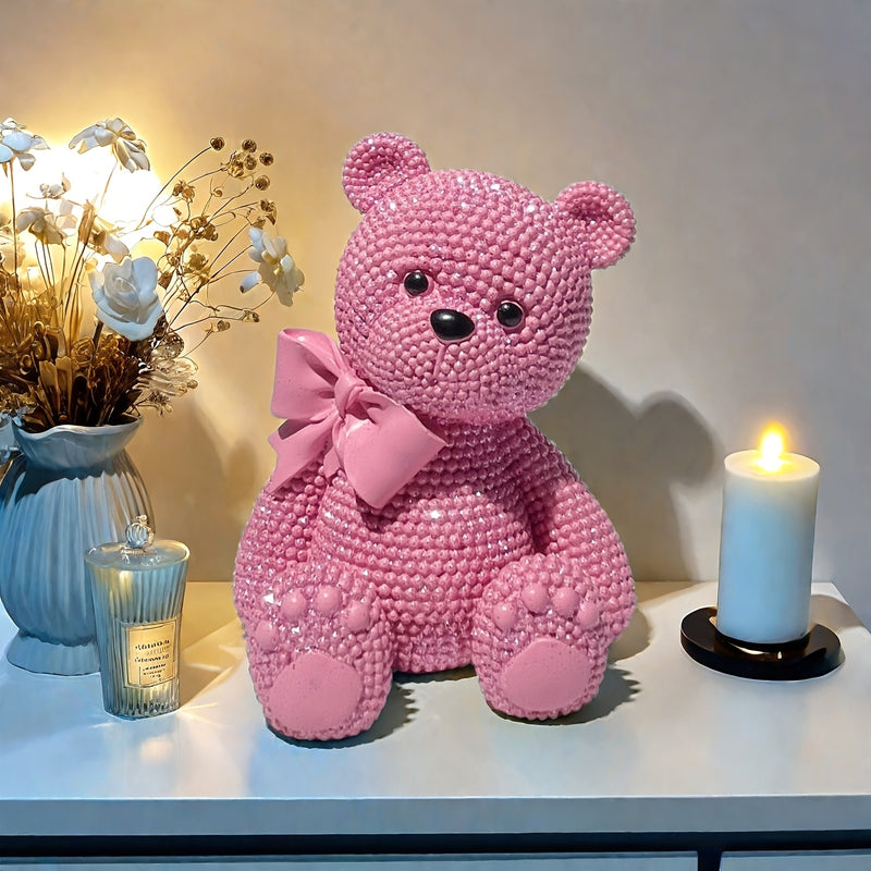 Figura de Oso con Lazo Rosa Adorable - Teddy de Resina con Temática de Amor y Acabado Perlado, Ideal para San Valentín, Navidad, Decoración de Año Nuevo | Regalo Perfecto para Vitrinas, Dormitorio y Detalles de Habitación