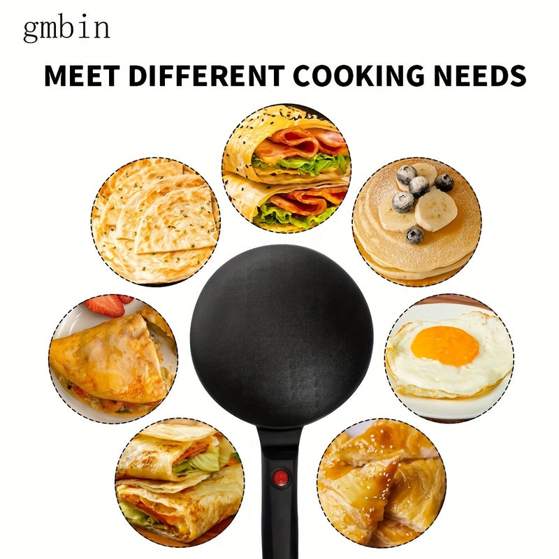 Sartén Redonda Antiadherente gmbin con Mango Rojo - Ideal para Crepes, Tortillas y Wafles, Calentamiento de un Solo Lado, 110V, 1000W, Enchufe de EE. UU., Sin Conversión Necesaria, Diámetro de 9,84 Pulgadas, Perfecto para Desayuno y Meriendas, Esenciales
