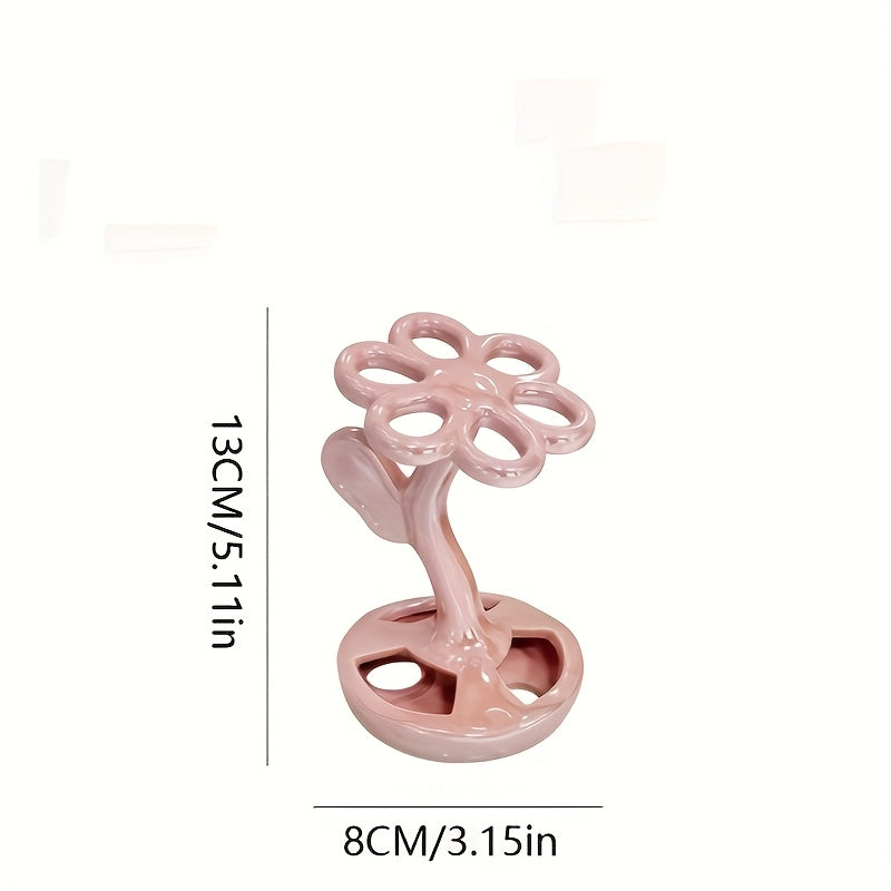 Portacepillos de Cerámica Diseño Original - Organizador de Baño Independiente con Flores en 3 Colores (Rosa, Blanco, ), Almacenamiento Doble para Brochas y Cosméticos, Sin Necesidad de Electricidad, Decoración Elegante y Regalo Festivo