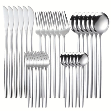 Juego de Cubiertos de Acero Inoxidable de 30 Piezas, Juego de Cuchillo Tenedor Cuchara, Juego de Vajilla, Incluye Juego de Cuchillo Tenedor Cuchara, Apto para Casa, Restaurante, Hotel, Fiesta, Boda, Lavavajillas