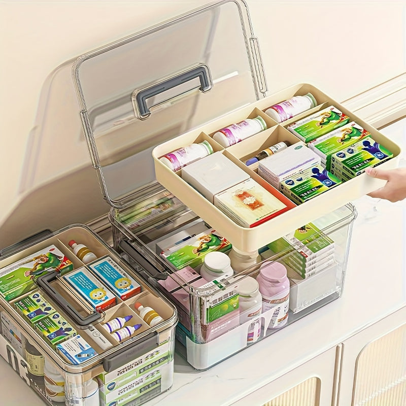 Organizador de Medicinas Transparente de Gran Capacidad con Asa y Tapa - Impermeable, Caja de Almacenamiento Multinivel para Esenciales de Hogar y Oficina
