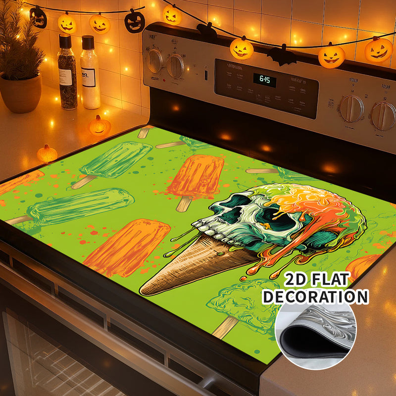 1pc Cubierta para Estufa de Halloween - Decoración Espeluznante, Verde y Naranja, Superficie Antideslizante con Forro de Goma, Compatible con Estufas Eléctricas/Gas, Fácil Instalación para Fiestas de Halloween y Uso Todo el Año, Protector de Cocina, Deco