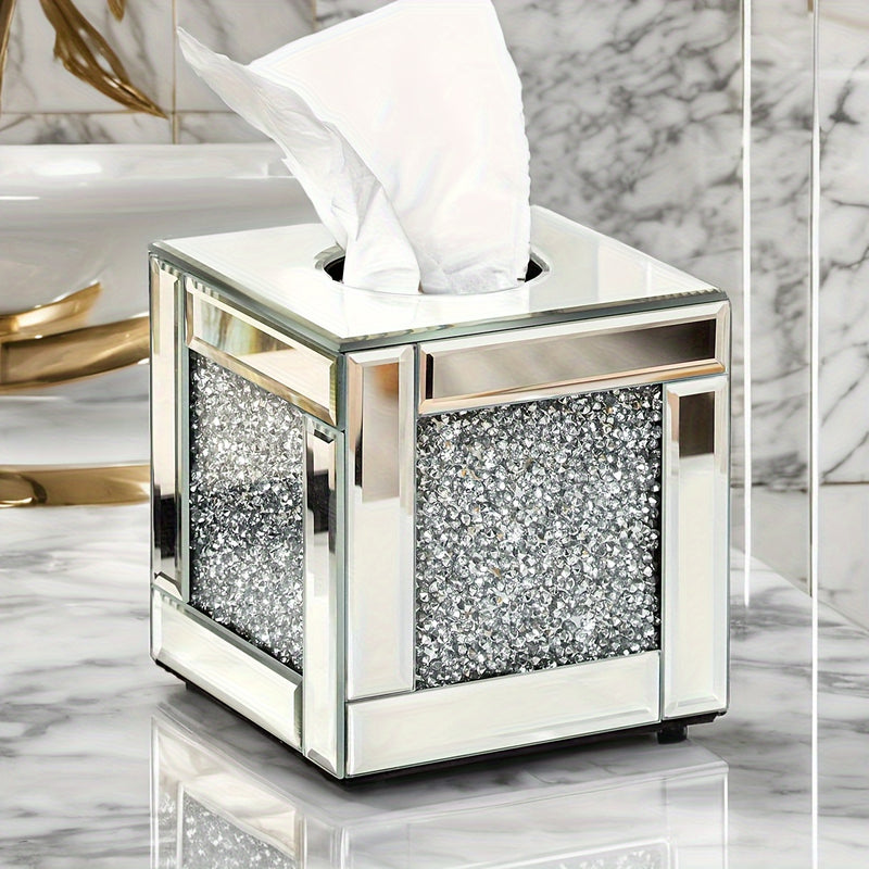 Lujo Caja de Pañuelos de Vidrio con Diamantes Triturados - Exquisito Soporte Cuadrado con Espejo y Cristales Brillantes para Decoración de Baño, Tocador y Mesa - Perfecto para Decoraciones de Halloween y Navidad