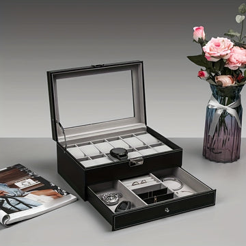 1 Pieza, Caja De Almacenamiento De Reloj Con Cerradura De Cuero PU De 12 Ranuras, Caja De Exhibición De Joyería Para Hombres Y Mujeres Con Cajón, Caja De Exhibición De Gafas De Reloj De 2 Capas Con Cubierta De Vidrio