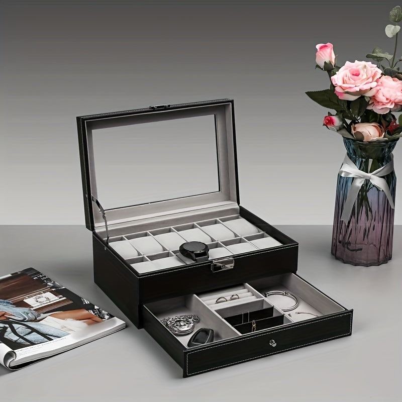 1 Pieza, Caja De Almacenamiento De Reloj Con Cerradura De Cuero PU De 12 Ranuras, Caja De Exhibición De Joyería Para Hombres Y Mujeres Con Cajón, Caja De Exhibición De Gafas De Reloj De 2 Capas Con Cubierta De Vidrio