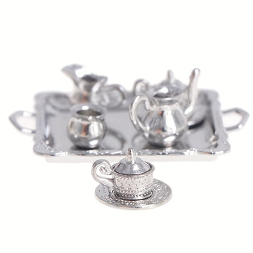 10 Piezas de Juego de Taza y Platillo Metálico Plateado en Escala 1/12 para Exhibición