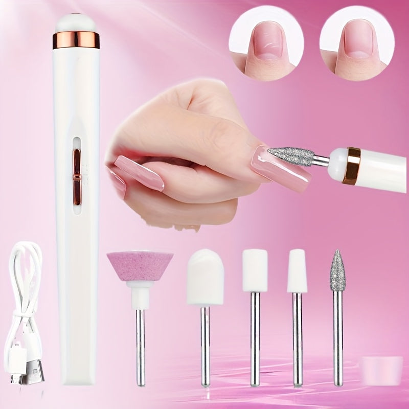 Kit de 5+1, 6 piezas para Taladro Eléctrico de Uñas con Quitaúñas y Pulidor Recargable Beige Claro para Manicura de Manos y Pies