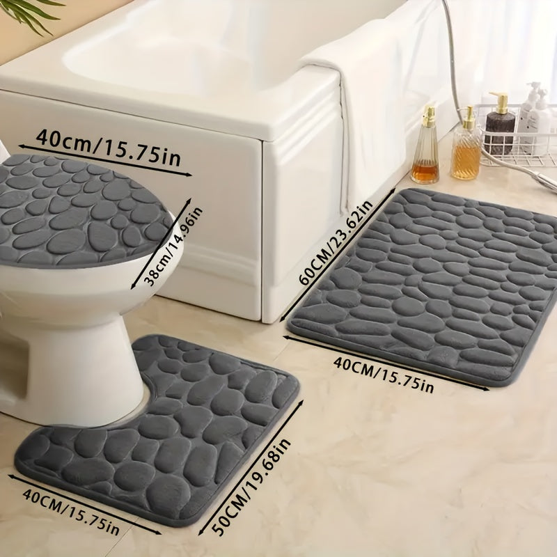 Juego de Alfombrillas de Baño Ultra Absorbentes y Antideslizantes, Set de 3 Piezas de Espuma de Memoria Gruesa, Lavables a Máquina para Lavabo, Bañera, Ducha y Inodoro - Patrón Geométrico, Forro de Coral, Decoración y Accesorios de Baño