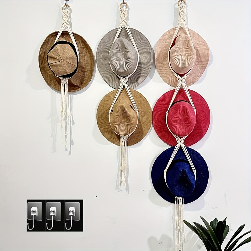 Conjunto de 1/3 perchas para sombreros macramé estilo bohemio para pared, organizador de estante para mujeres bohemia, expositor colgante de tejido manual decorativo para gorros de ala ancha