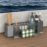 Estantería de Cocina Multifuncional y Compacta con Diseño Autodrenante, Portapalillos, Cuchillo, Tenedor, Cuchara y Toallero, Ideal para Barcos y Yates, 33.5 x 7.8 x 10.5cm, Construcción Metálica Negra, Almacenamiento en la Cocina del Barco | Elegante Es