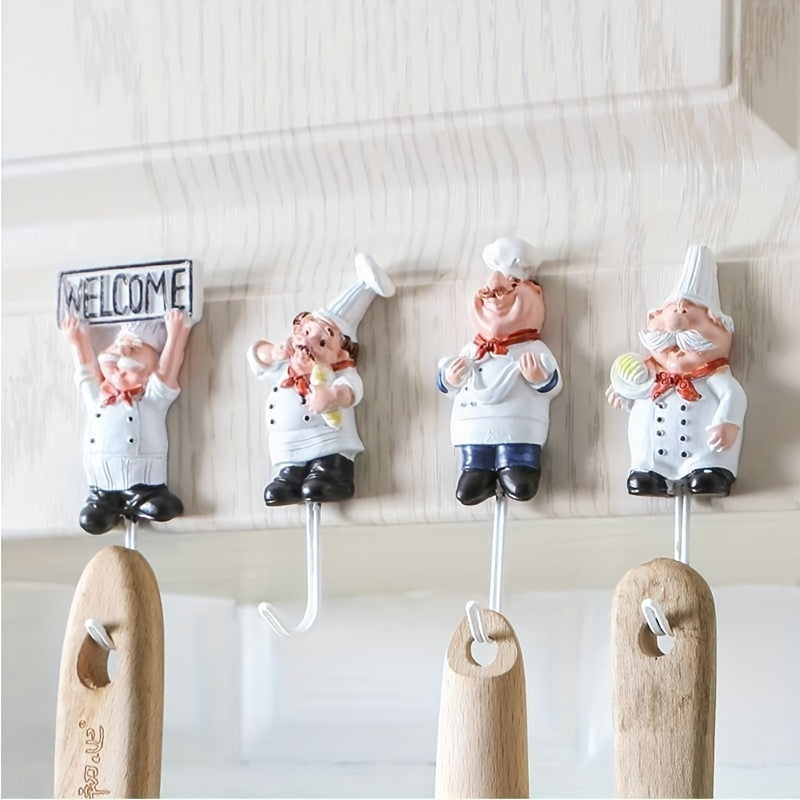 Juego de 4 Ganchos de Resina con Temática de Chef Creativo - Adhesivo Sin Daños, Decoración de Pared y Puerta Sin Clavos para Cocina y Baño