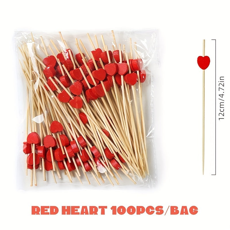100pcs Palillos Artísticos de Bambú para Frutas, Decoraciones de Madera Desechables para Cócteles con Diseños de Amor y Flor de Ciruelo