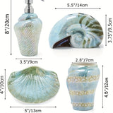 Juego de accesorios de baño de concha de mar de cerámica - Conjunto de 4 piezas de diseño de caracola de mar, incluye soporte de cepillo de dientes, plato de jabón, dispensador de loción, organizador de mostrador, portátil, no necesita electricidad