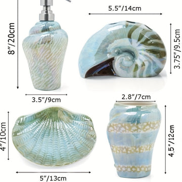 Juego de accesorios de baño de concha de mar de cerámica - Conjunto de 4 piezas de diseño de caracola de mar, incluye soporte de cepillo de dientes, plato de jabón, dispensador de loción, organizador de mostrador, portátil, no necesita electricidad