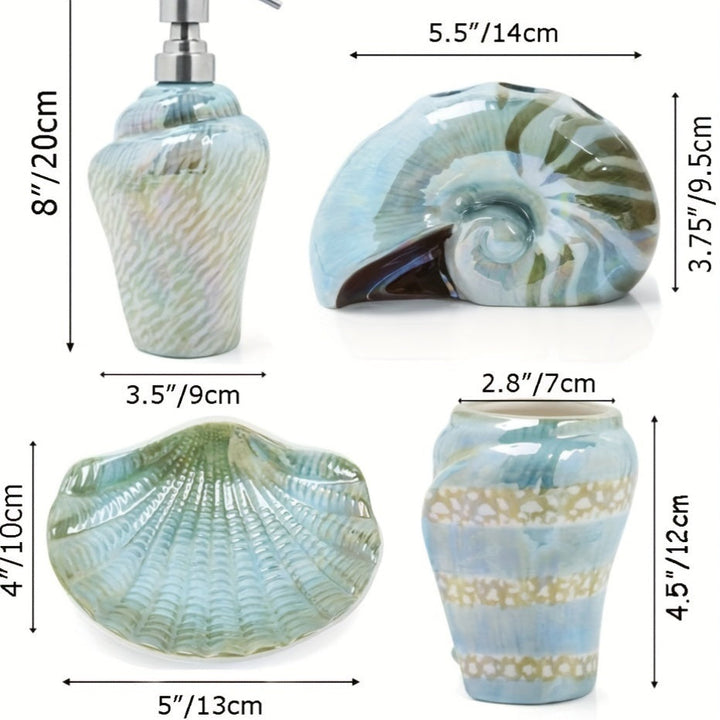 Juego de accesorios de baño de concha de mar de cerámica - Conjunto de 4 piezas de diseño de caracola de mar, incluye soporte de cepillo de dientes, plato de jabón, dispensador de loción, organizador de mostrador, portátil, no necesita electricidad