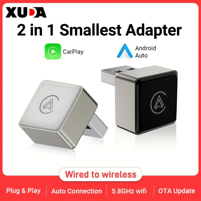 EXUDA 2025 Nuevo Adaptador Mini Super Portátil de CarPlay y Android Auto sin varillas a Cableado, Caja AI Plug-and-Play para el 99% de Coches Originales con WiFi 2.4~5.0 GHz, Estilo Moderno y Portátil