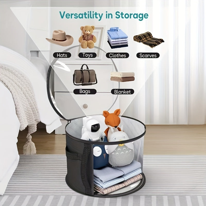 1pc Organizador de almacenamiento de sombreros de tela ClearView, contenedor de sombreros apilable redondo con ventana frontal grande, cesta de almacenamiento de ropa con cremallera portátil para sombreros de playa y ala ancha