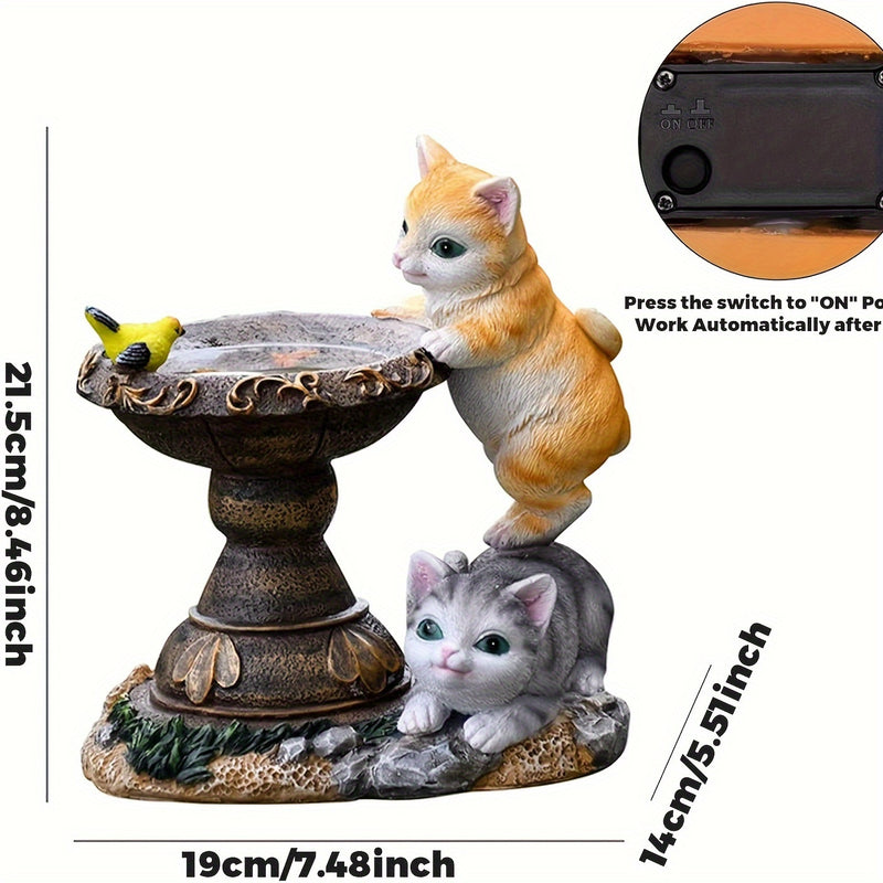 [1pc Estatua de Baño para Pájaros con Doble Gato con Energía Solar] Luces de Estatua de Baño para Pájaros con Doble Gato con Energía Solar, Escultura de Animal de Resina con Acabado Encáustico, Impermeable, Control de Botón, con Batería de Níquel Recarga