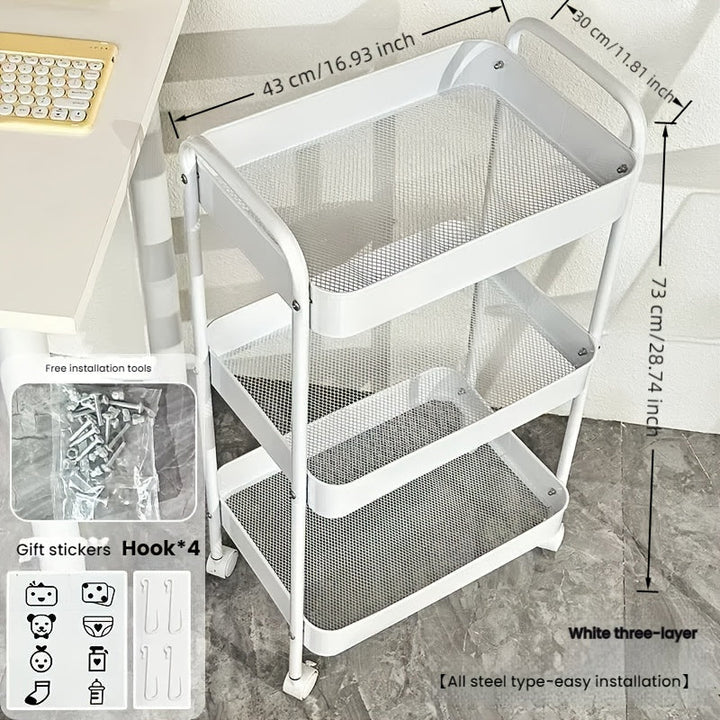 Carrito organizador móvil de acero al carbono resistente con 4 ruedas - Estante de almacenamiento de 3 niveles para dormitorio, cocina u oficina - Fácil armado, sin necesidad de herramientas, diseño ahorrador de espacio