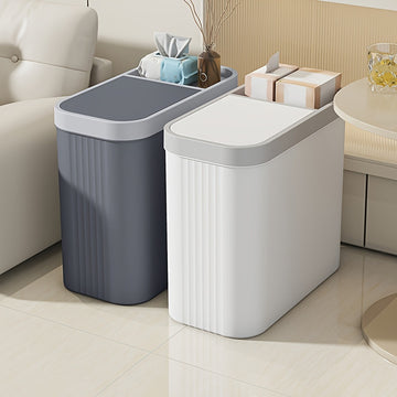 Papelera de 14 l con tapa a presión para dormitorio y baño: papelera delgada que ahorra espacio y bloquea los olores, con ranura de almacenamiento, sin carga, no necesita batería