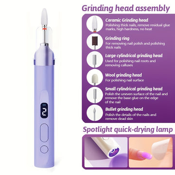 Juego de manicura eléctrica portátil con lámpara de uñas LED - Herramienta de manicura y eliminación de esmalte de uñas multiusos, incluye varios taladros y piezas de uñas, hipoalergénico, batería de litio recargable, ideal para el hogar, la oficina, los