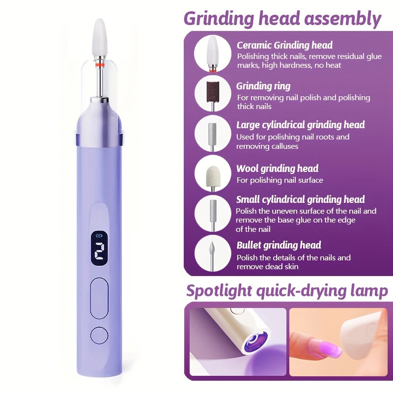 Juego de manicura eléctrica portátil con lámpara de uñas LED - Herramienta de manicura y eliminación de esmalte de uñas multiusos, incluye varios taladros y piezas de uñas, hipoalergénico, batería de litio recargable, ideal para el hogar, la oficina, los