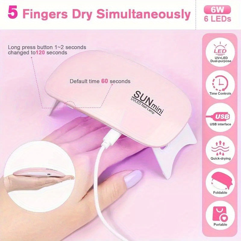50 Piezas de Lámpara Portátil Mini para Uñas con 6 Bombillas LED - Secador de Gel Plegable USB, Secado Rápido en 60s para Manos y Pies, Diseño Rosa y Blanco para Salón y Hogar