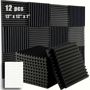 12 piezas de esponja absorbente de sonido con adhesivo, 30.48 cm x 30.48 cm x 2.54 cm, alta densidad ignífuga para estudio de grabación aislamiento acústico corrugado
