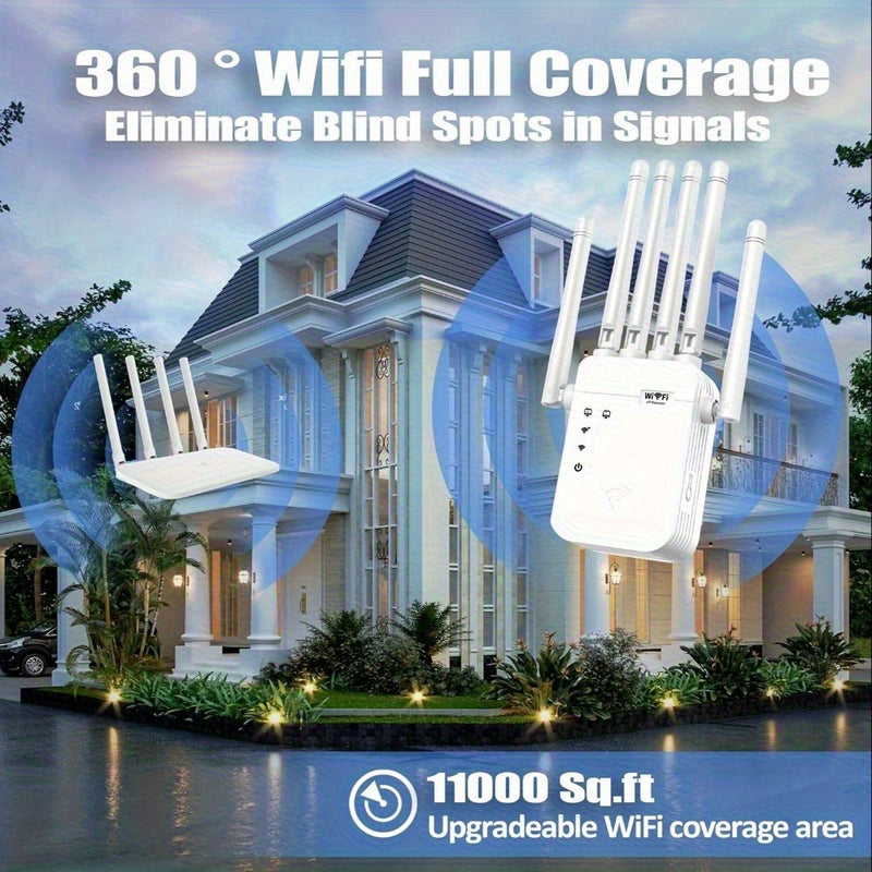 Amplificador de WiFi 300Mbps con Puerto Ethernet, 6 Antenas (Cobertura 360°), Amplifica hasta 11.000 Pies Cuadrados, Compatible con Router/Modem, Soporta más de 35 Dispositivos - Blanco, Diseño Compacto y Duradero para Hogar u Oficina, Repetidor sin vari