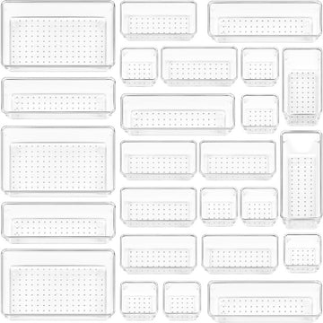 Juego de 25 piezas de organizadores de cajones de plástico transparente, 4 tamaños versátiles para baño y tocador, bandejas de organización para maquillaje, dormitorio, gadgets de cocina, utensilios y oficina.