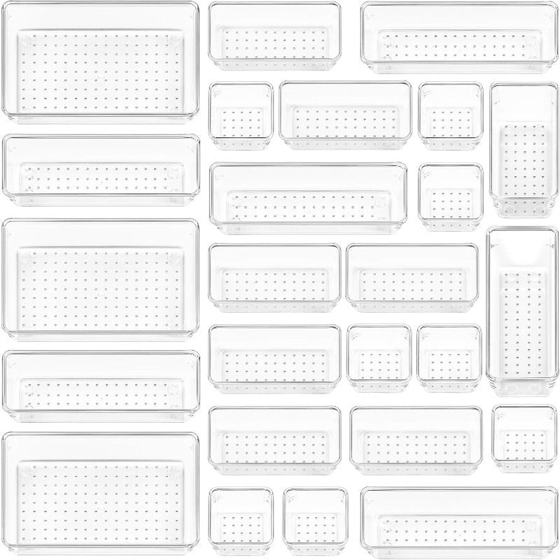 Juego de 25 piezas de organizadores de cajones de plástico transparente, 4 tamaños versátiles para baño y tocador, bandejas de organización para maquillaje, dormitorio, gadgets de cocina, utensilios y oficina.