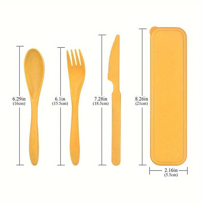 Juego de 3 utensilios de viaje reutilizables con estuche, cubiertos de paja de trigo portátiles (cuchillo, tenedor, cuchara), vajilla de plástico para viajes, picnic o camping