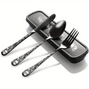 Juego de cubiertos gótico portátil, 4 piezas con estuche, acero inoxidable premium, incluye cuchara, tenedor y cuchillo, ideal para lonchera, campamento, senderismo, oficina, escuela o residencia, regalo perfecto para Día de Muertos, Navidad o Año Nuevo