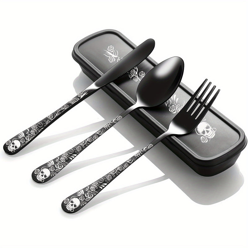 Juego de cubiertos gótico portátil, 4 piezas con estuche, acero inoxidable premium, incluye cuchara, tenedor y cuchillo, ideal para lonchera, campamento, senderismo, oficina, escuela o residencia, regalo perfecto para Día de Muertos, Navidad o Año Nuevo