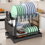 Estantería de platos de acero al carbono resistente de doble capa + tablero de drenaje, almacenamiento integrado! Dividido para platos/tablas de cortar/tazas, opciones negras y blancas, sostiene 6 tazas, adecuado para todas las estaciones.