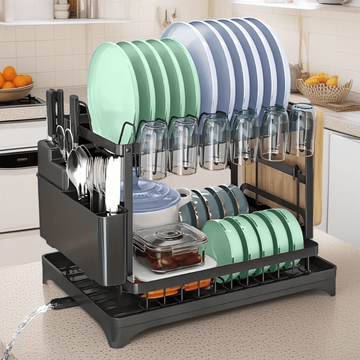 Estantería de platos de acero al carbono resistente de doble capa + tablero de drenaje, almacenamiento integrado! Dividido para platos/tablas de cortar/tazas, opciones negras y blancas, sostiene 6 tazas, adecuado para todas las estaciones.