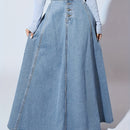Falda de mezclilla de cintura alta para mujer con cierre frontal y bolsillos con solapa - Color azul claro, tejido no elástico, ideal para primavera/verano/otoño, ropa casual a semi-formal, atuendo casual | Falda con botones | Tejido no elástico