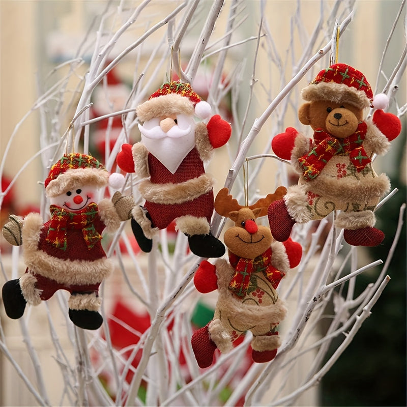 Juego de Decoración para Árbol de Navidad, 4 Muñecos de Peluche y Cuadros para Decorar con Motivos de Santa/Nieve/Muerto/Oso