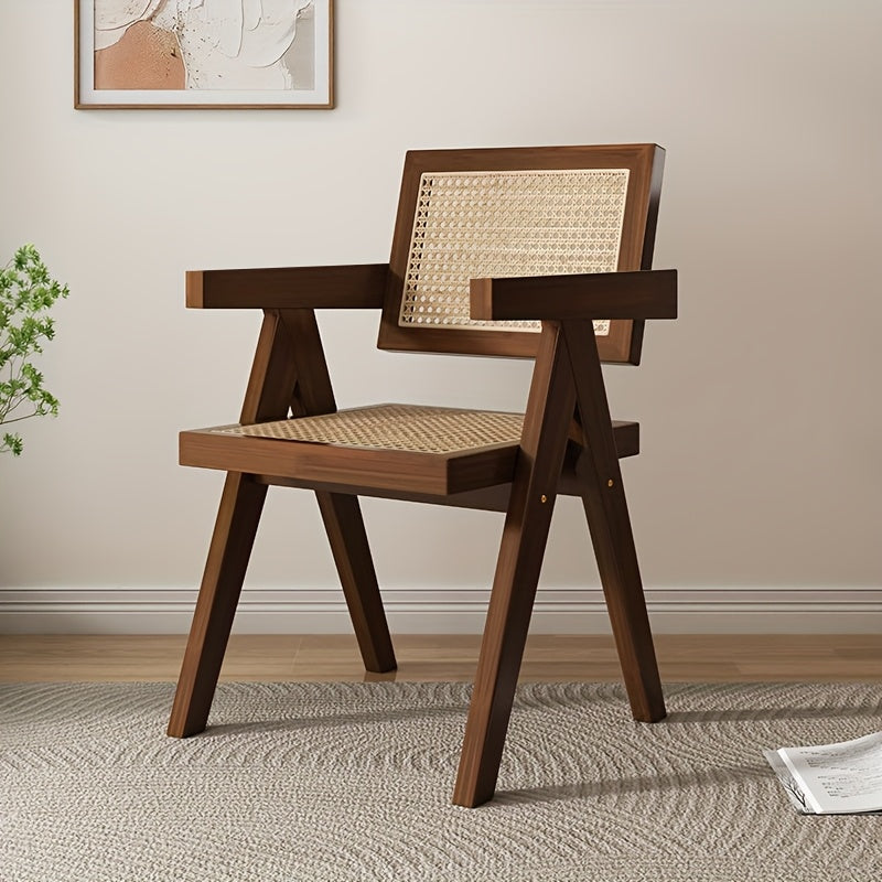 Silla de ratán de madera maciza resistente con brazos - Sillón estilo japonés para balcón, diseño tejido en negro y natural, cómoda para uso en casa o restaurante