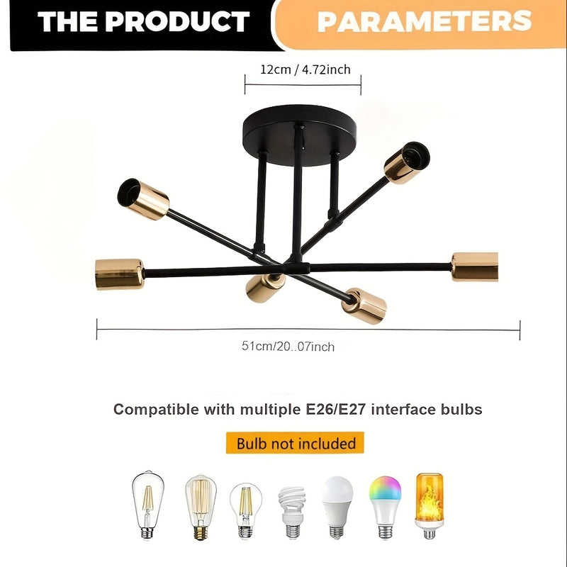 1 pieza de moderno satélite industrial, 6 cabezas, semi-revestido, con base de bombilla E27/E26, marco de metal y acabado negro/blanco/oro - Iluminación de decoración para el hogar, cocina, sala de estar, dormitorio, oficina, iluminación industrial, fijo