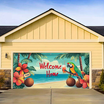 1 pieza, letrero de puerta de garaje de pavo tropical de playa, gran decoración al aire libre con letrero "Bienvenidos a casa", palmeras y diseño floral vibrante, perfecto para Navidad, fiestas de vacaciones y fondos temáticos de playa, decoración temáti