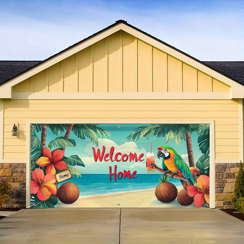 1 pieza, letrero de puerta de garaje de pavo tropical de playa, gran decoración al aire libre con letrero "Bienvenidos a casa", palmeras y diseño floral vibrante, perfecto para Navidad, fiestas de vacaciones y fondos temáticos de playa, decoración temáti