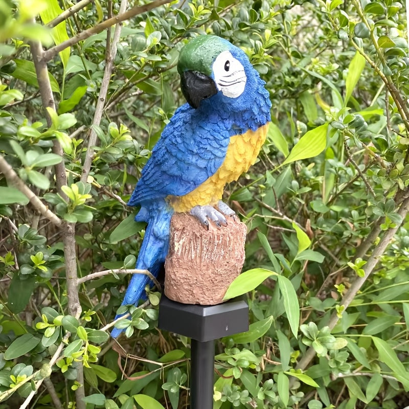 Estatuilla de Loro Solar en Resina con Luz LED para Exteriores - Adorno de Jardín y Paisaje con Estaca para Suelo