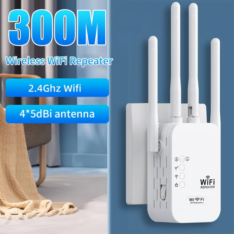 Amplificador de Wifi, Repetidor de Señal con Puerto Ethernet y 4 Antenas para Cobertura 360° hasta 10000 Pies Cuadrados, Compatible con Más de 35 Dispositivos, Configuración Rápida en un Solo Clic