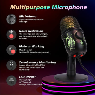 Micrófono condensador USB LMBGM con iluminación RGB, control de volumen, reducción de ruido, conector USB-C, patrón polar unidireccional, para juegos, canto, transmisiones, videoconferencias y podcasting