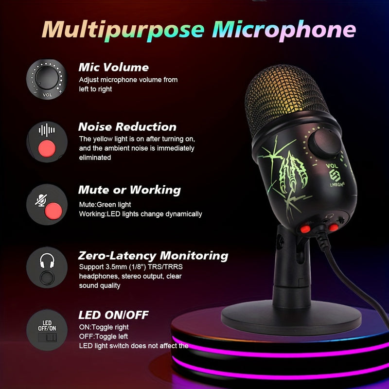 Micrófono condensador USB LMBGM con iluminación RGB, control de volumen, reducción de ruido, conector USB-C, patrón polar unidireccional, para juegos, canto, transmisiones, videoconferencias y podcasting
