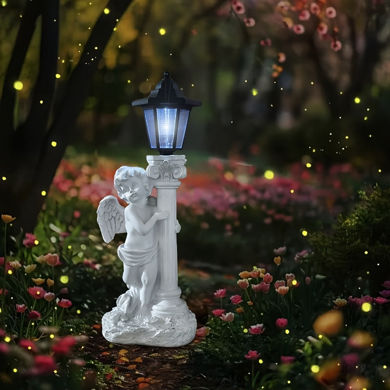 Luz de escultura solar ángel - Estatua de jardín de resina con diseño de columna romana, iluminación decorativa para caminos, patios y patios, perfecta para Navidad, Día de San Valentín y regalos románticos, luces de hadas para iluminación al aire libre.